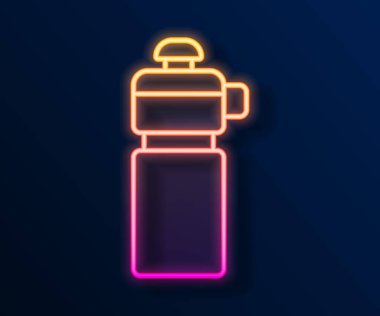 Parlayan neon hattı fitness karıştırıcı simgesi siyah arkaplanda izole edildi. Su ve protein kokteylleri için kapaklı spor karıştırıcı şişesi. Vektör.