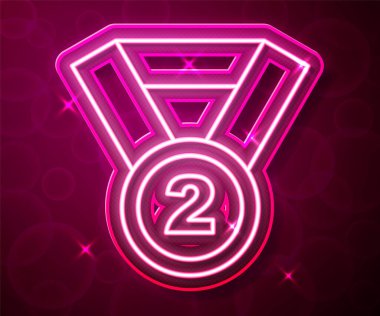 Parlayan neon hattı Madalya simgesi kırmızı arkaplanda izole edildi. Kazanan sembol. Vektör.