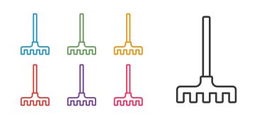 Çizgi çizgisi tırmık simgesi beyaz arkaplanda izole edildi. Bahçecilik, tarım, çiftçilik aleti. Toprak işçisi. Temizlik ekipmanları. Simgeleri renklendirin. Vektör.