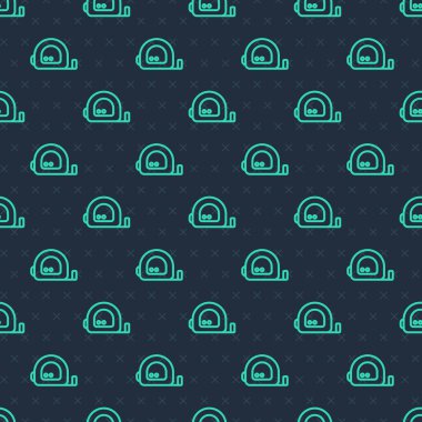 Yeşil çizgi rulet inşaat ikonu mavi arka planda izole edilmiş pürüzsüz desen. Mezura ölçüm sembolü. Vektör.