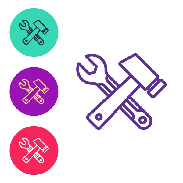 Set Line Crossed Hammer Wrench Spanner Icon Isolated White Background — Stockvektor