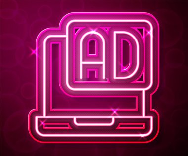 Parlayan neon hattı reklam simgesi kırmızı arkaplanda izole edildi. Pazarlama ve tanıtım süreci kavramı. İlgili reklamlar. Sosyal medya reklamcılığı. Vektör.