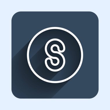 White line Compass south icon isolated with long shadow background. Windrose navigation symbol. Wind rose sign. Blue square button. Vector.