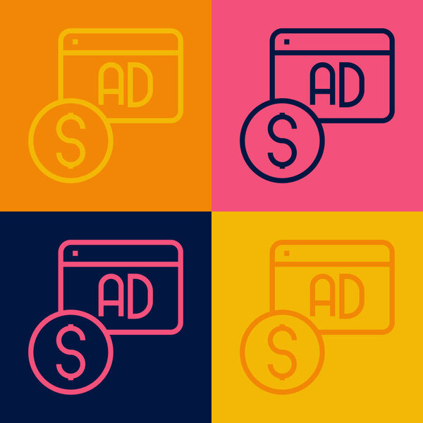 Pop art line Advertising icon isolated on color background. Concept of marketing and promotion process. Responsive ads. Social media advertising. Vector.