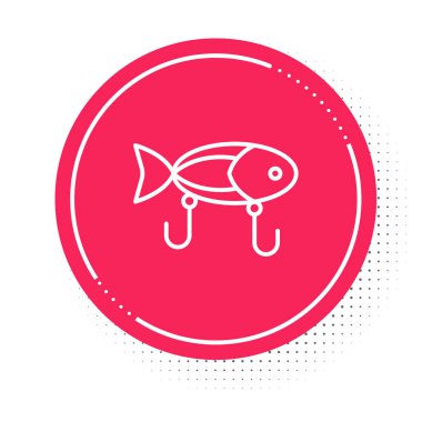 Beyaz çizgili balık yemi simgesi beyaz arkaplanda izole edildi. Balık oltası. Kırmızı daire düğmesi. Vektör.