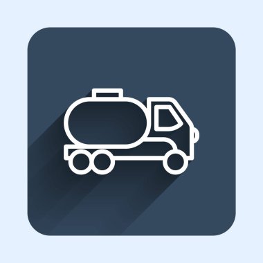 White line Tanker truck icon isolated with long shadow background. Petroleum tanker, petrol truck, cistern, oil trailer. Blue square button. Vector.