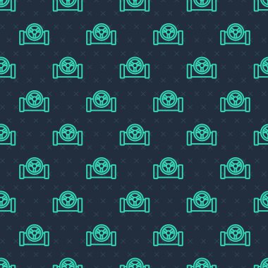 Green line Oil pipe with valve icon isolated seamless pattern on blue background. Vector.