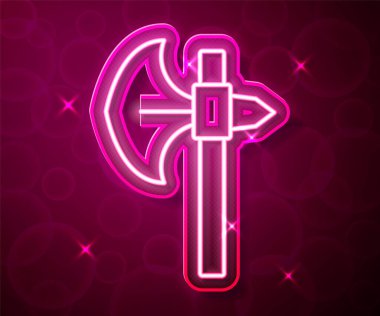 Glowing neon line Medieval axe icon isolated on red background. Battle axe, executioner axe. Medieval weapon. Vector.