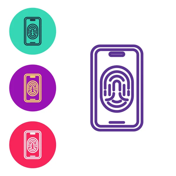 Establecer Línea Smartphone Con Icono Del Escáner Huellas Dactilares Aislado — Vector de stock