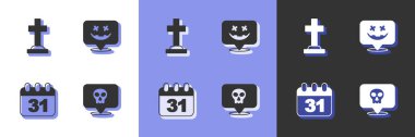 Set Skull Tombstone with cross Halloween date 31 october and Happy holiday icon. Vector.