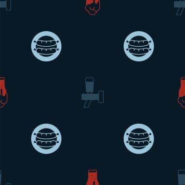 Set Glass of beer Beer tap and Sausage on seamless pattern. Vector.