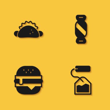 Set Taco with tortilla Tea bag Burger and Candy icon with long shadow. Vector.