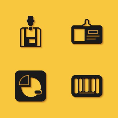 Set Seller Barcode Pie chart infographic and Identification badge icon with long shadow. Vector.