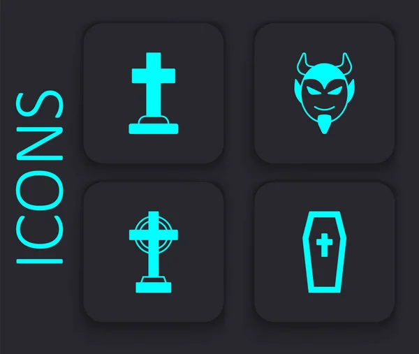 Set Coffin Christian Cross Tombstone Devil Head Icon Black Square — Image vectorielle