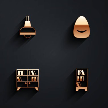 Set Lamp hanging Pouf Library bookshelf and icon with long shadow. Vector.