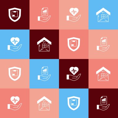 Set pop art Delivery security with shield Contract in hand Life insurance and House icon. Vector.