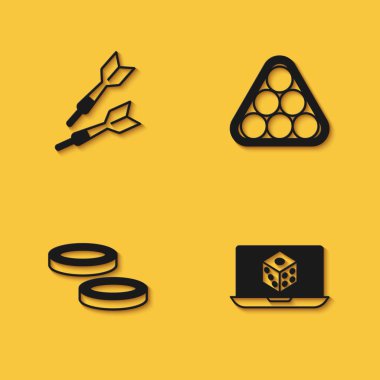 Set Dart arrow Game dice Checker game chips and Billiard balls in triangle icon with long shadow. Vector.