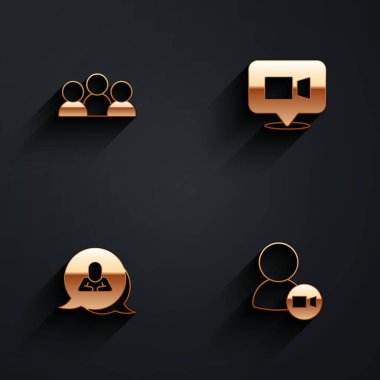 Set Meeting Video chat conference Speech bubble and icon with long shadow. Vector.