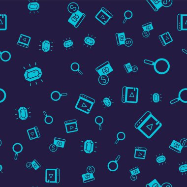 Set Diamond Magnifying glass Advertising and Video advertising on seamless pattern. Vector.