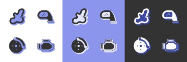 Set Check engine Racing track Car brake disk with caliper and mirror icon. Vector.