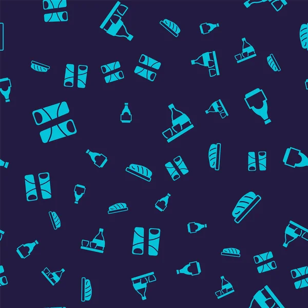 Set Guotie Soy sauce bottle Bottle of sake and Fish steak on seamless pattern. Vector.