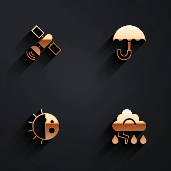 Set Satellite Umbrella Day Night Cycle Cloud Lightning Icon Long — Wektor stockowy