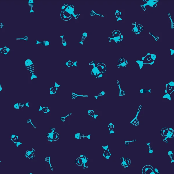 Set Fish skeleton Spinning reel for fishing and Fishing net on seamless pattern. Vector.