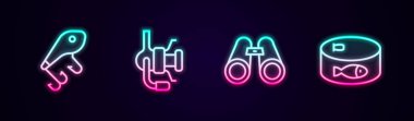 Set line Fishing lure Spinning reel for fishing Binoculars and Canned. Glowing neon icon. Vector.