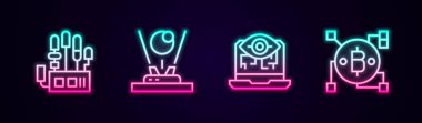 Set line Mechanical robot hand Hologram Computer vision and Blockchain technology Bitcoin. Glowing neon icon. Vector.