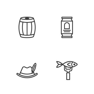 Set line Dried fish Oktoberfest hat Wooden barrel and Beer can icon. Vector.
