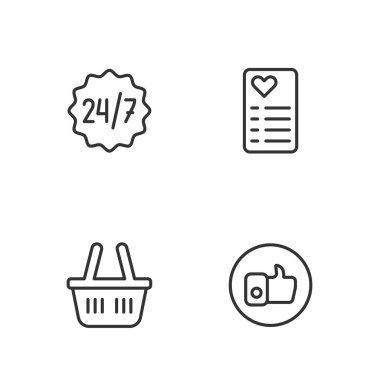 Set line Hand like Shopping basket Clock 24 hours and list icon. Vector.