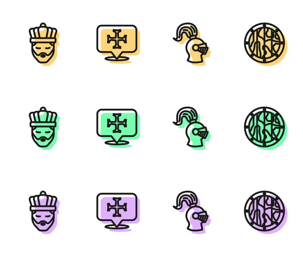 Set Line Medieval Helmet King Crown Crusade Wooden Shield Icon — ストックベクタ