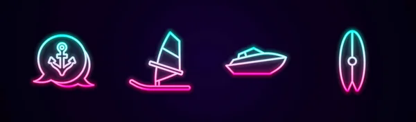 Set Line Anchor Windsurfing Speedboat Surfboard Glowing Neon Icon Vector — 스톡 벡터