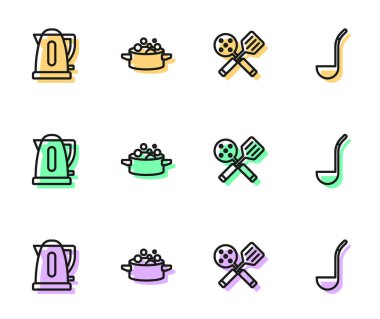Set line Spatula Electric kettle Cooking pot and Kitchen ladle icon. Vector.