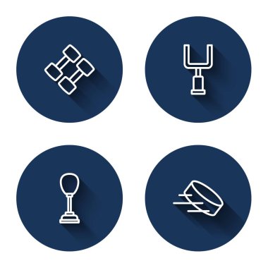 Set line Dumbbell American football goal post Punching bag and Hockey puck with long shadow. Blue circle button. Vector.