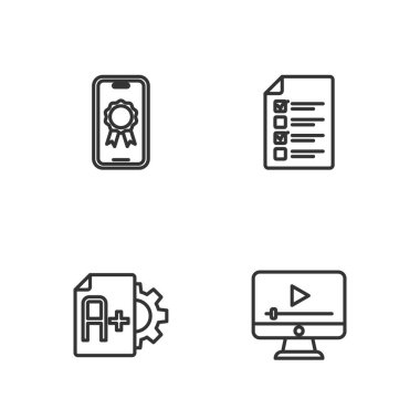 Set line Online play video Exam sheet with A plus grade education diploma and quiz test survey icon. Vector.