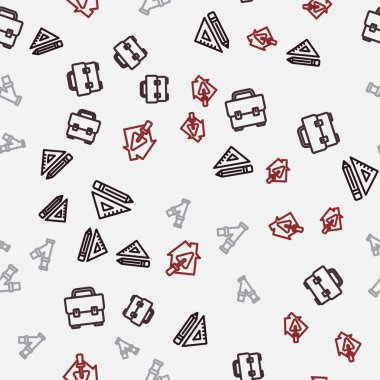 Set line Triangular ruler and pencil Toolbox Industry metallic pipe and House with trowel on seamless pattern. Vector.