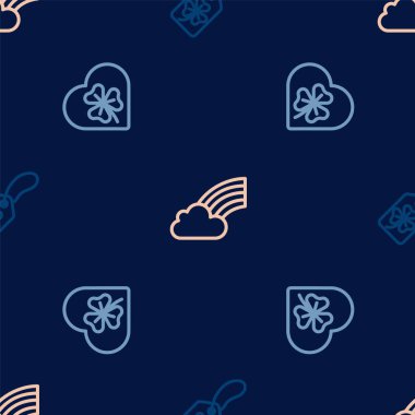 Set line Clover trefoil leaf with tag Heart clover and Rainbow cloud on seamless pattern. Vector.