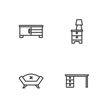 Set line Office desk Sofa TV table stand and Furniture nightstand with lamp icon. Vector.