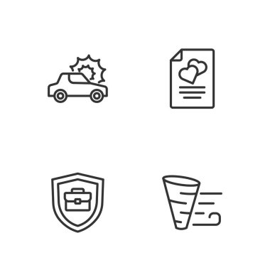 Set line Tornado Briefcase with shield Car insurance and Marriage contract icon. Vector.