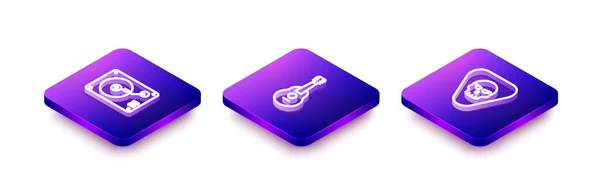 Set Isometric Line Vinyl Player Vinyl Disk Guitar Pick Icon — Vetor de Stock