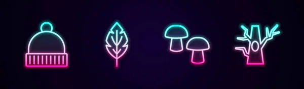 Set Line Winter Hat Leaf Mushroom Bare Tree Glowing Neon — Stockvektor