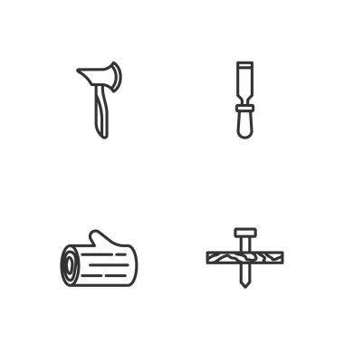 Set line Metallic nail Wooden log axe and Chisel tool icon. Vector.