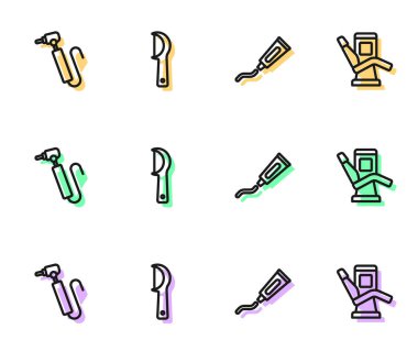 Set line Tube of toothpaste Tooth drill Dental floss and Medical dental chair icon. Vector.