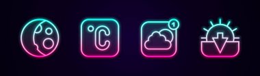 Set line Moon phases Celsius Weather forecast app and Sunset. Glowing neon icon. Vector.