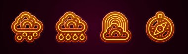 Set line Hail cloud Cloud with rain Rainbow and Compass. Glowing neon icon. Vector.