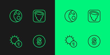Set line Compass south Sun Moon phases and Tornado icon. Vector.