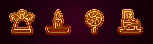 Set Line Angel Burning Candle Lollipop Skates Glowing Neon Icon — Stockový vektor