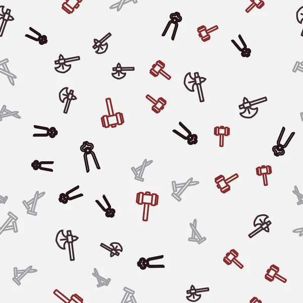 Set line Blacksmith pliers tool Medieval axe Metallic nails and Sledgehammer on seamless pattern. Vector.