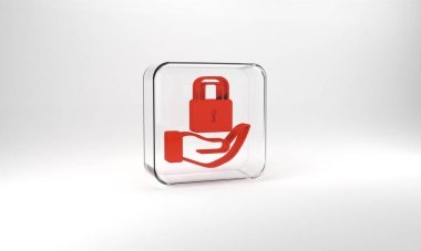 Red Lock icon isolated on grey background. Padlock sign. Security, safety, protection, privacy concept. Glass square button. 3d illustration 3D render.